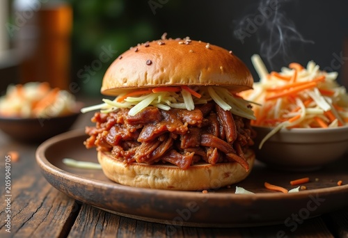 Savory Pulled Pork Sandwich Nestled Next to Crisp Coleslaw on Rustic Wooden Serving Tray