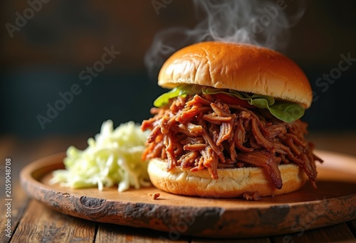 Savory Pulled Pork Sandwich with Crunchy Coleslaw on Rustic Wooden Serving Tray