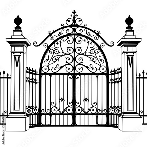 Foto Luxury mansion entrance gate with ornate wrought iron design and decorative pillars, symbolizing wealth and grandeur in a classic architectural style
