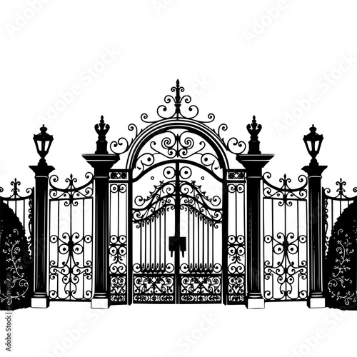 Bilde på lerret Luxury mansion entrance gate with ornate ironwork and lanterns, symbolizing grandeur and elegance in residential architecture