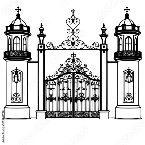 Canvastavla Illustration of a grand royal palace entrance gate with ornate ironwork and towers, symbolizing luxury and elegance