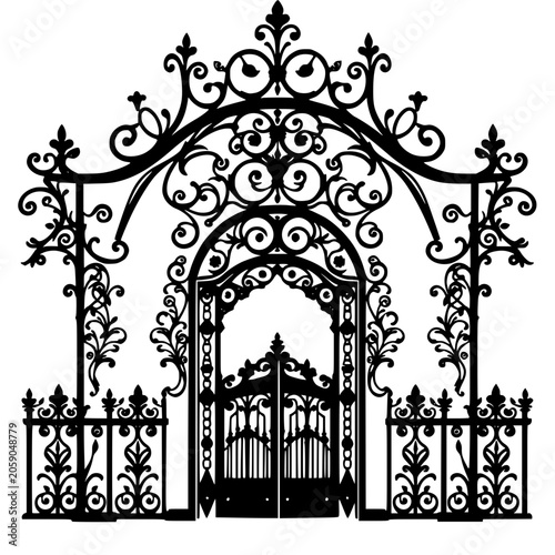 Canvastavla Elegant Victorian garden gate silhouette, ornate ironwork entrance with intricate details and floral patterns, perfect for design and landscaping projects