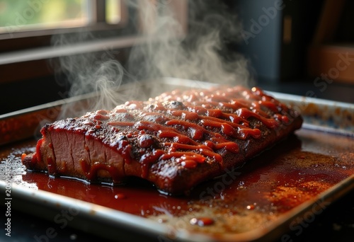 Smoked Beef Brisket Glazed with Barbecue Sauce on a Metal Smoker Tray in Rich Smoky Atmosphere