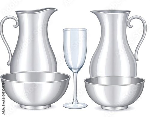A still life arrangement featuring two large metal pitchers and two bowls with a wine glass