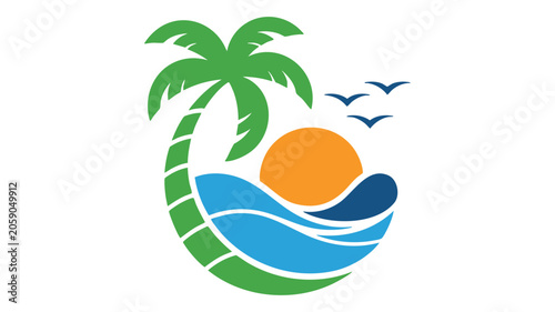 Palm Tree with Sun and Waves Logo Design Featuring Tropical, Beach, Vacation with Summer and Nature Elements for Travel, Holiday Projects, Clean