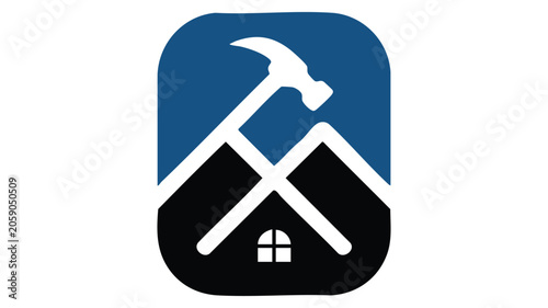 Roadworks Warning Sign with Pickaxe Crossed Over Shovel Over a Black Mining House Icon in Blue and White Vector Style