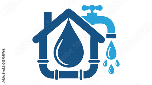 Water Faucet with House and Water Drops Icon Featuring Plumbing, Blue, Graphic with Design and Home Elements for Utility, Pipe Projects, Clean