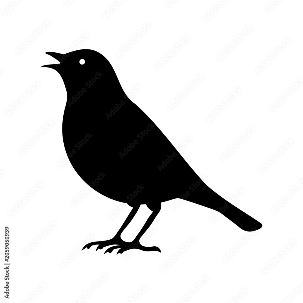 Fototapeta premium Black silhouette bird singing on branch - A minimalist black silhouette of a bird with its beak open as if singing, standing on a branch.