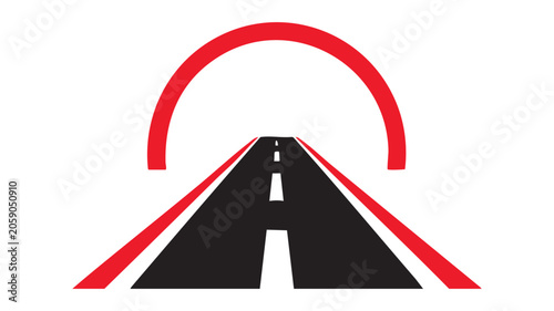 Road Warning Sign with Red Arch and White Lane Stripes on a Black Triangular Roadway Backdrop Featuring Highway, Traffic Signal, Danger with Alert