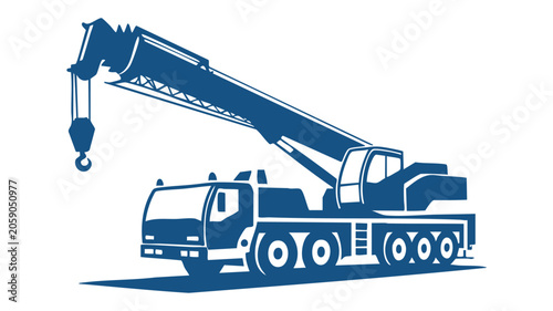 Crane Truck with Long Articulated Boom, Towing Hook and Cab, Blue Industrial Machinery Vector Icon on White Background