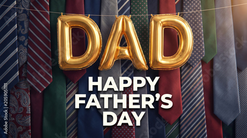 Happy father's day concept with golden dad letters and colorful ties as background, representing family celebration and paternal appreciation.