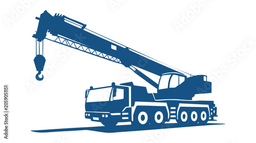 Crane Truck with Extended Arm and Hook for Lifting Heavy Objects, Blue Silhouette on White Background