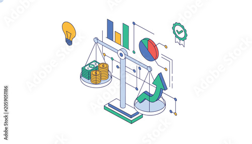 Rising green growth arrow balances against stacks of money on isometric scales to illustrate financial success and economic prosperity.