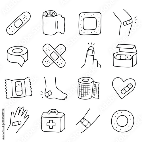 Medical Adhesive Bandage Icons Set. Hand drawn sketches showing first aid supplies for recovery. This collection evokes emotional healing, self care and minor injury support.