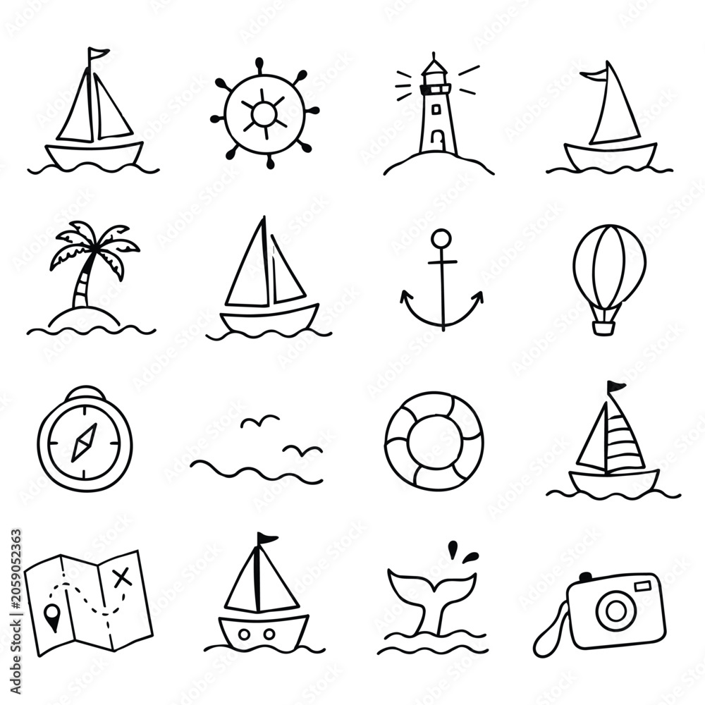 Obraz premium Nautical Icons Hand Drawn Set. Marine sketches symbolize wanderlust and maritime adventure for your creative ocean themed projects with whimsical doodle graphic elements.