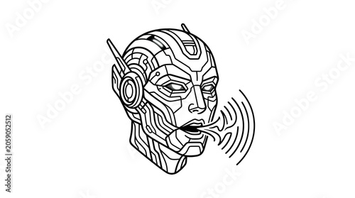 Futuristic robot head speaking with sound waves