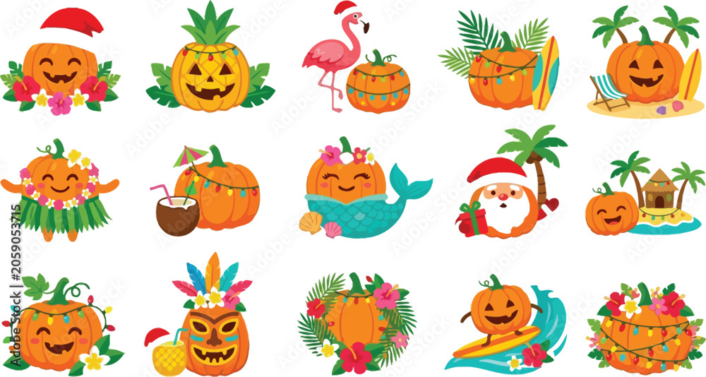 Obraz premium Pumpkin character celebrates with maracas and a straw hat in a summer.