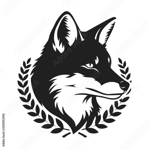 Obraz na plátně Stylized profile of a black fox head with a laurel wreath border isolated on a t