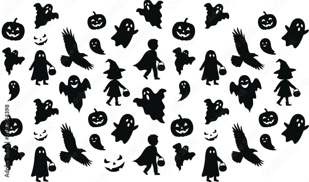 Obraz premium Halloween silhouettes of pumpkins ghosts ravens and trick or treaters on white background