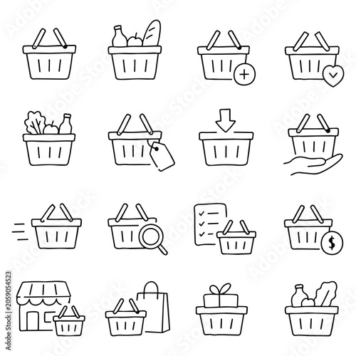 Hand Drawn Market Cart Icon Set. Sketch collection of consumer carryall symbols illustrating retail habits and the digital desire for efficient daily grocery procurement.