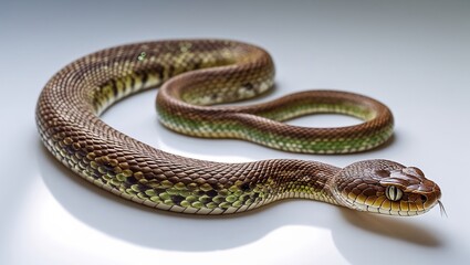 Brown and green patterned snake with smooth scales resting on a reflective surface, showcasing its elongated body and distinct head features