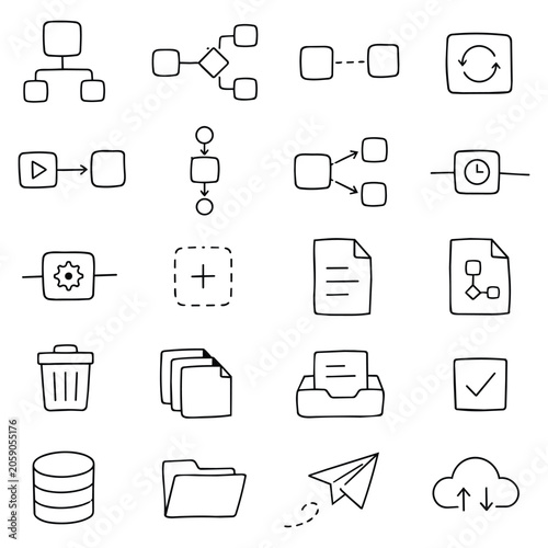 Hand Drawn Workflow Element Collection. Sketches depicting logical progression and system management, conveying order, efficiency, and organizational clarity in digital architecture.