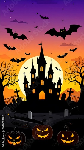 A spooky Halloween scene with a castle, bats, and jack-o'-lanterns