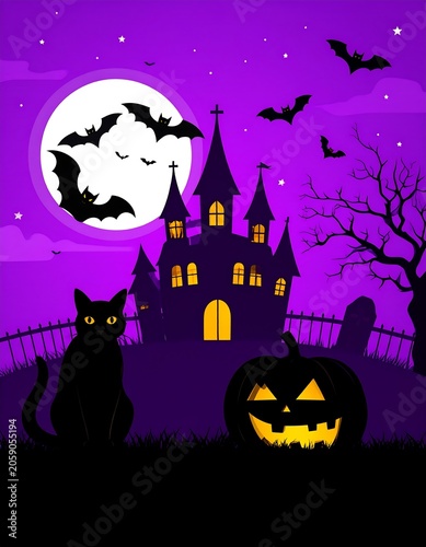 A spooky Halloween scene with a castle, jack-o-lantern, cat, and bats under a full moon