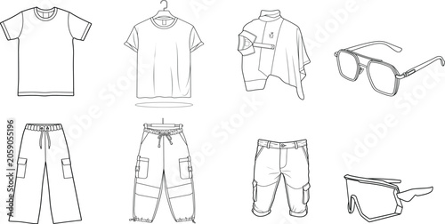 Photography Men's casual clothing and accessories outline vector set