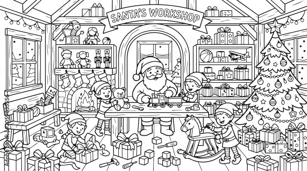 Obraz premium Santa's Workshop Coloring Page with Elves Making Toys and Christmas Tree for Kids Holiday Printable Activity