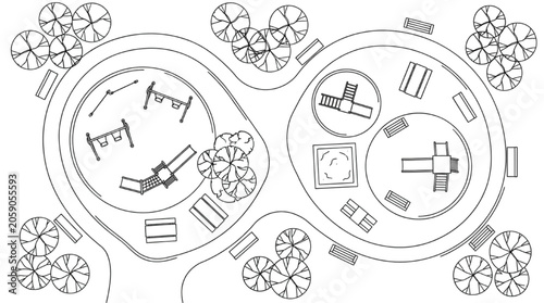 2D landscape site plan drawing of twin circular playground park with swings sandbox and picnic benches