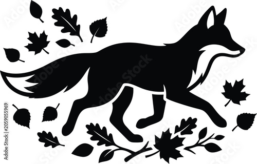 Fotografía Fox walking through falling autumn leaves, represented as a minimalist black and white vector silhouette design perfect for seasonal woodland themed creative art and nature projects