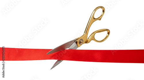 Golden Scissors Cutting Red Ribbon Isolated Transparent Background