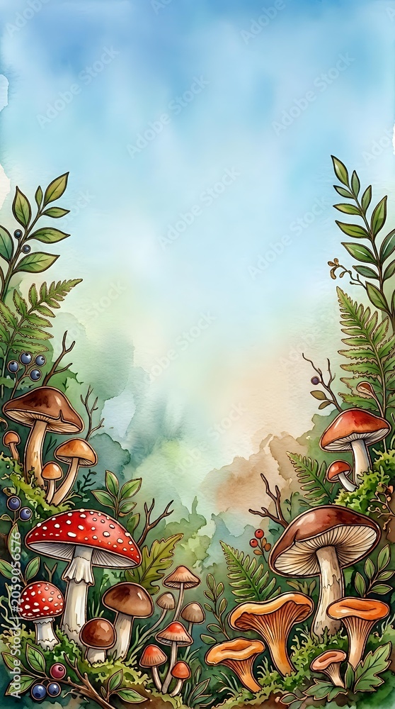 Fototapeta premium Watercolor Forest Scene with Mushrooms and Fern Leaves Nature Botanical Background