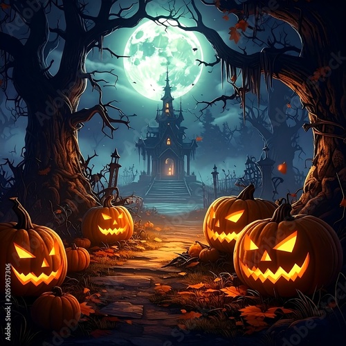 A spooky Halloween scene with jack-o'-lanterns and a haunted house