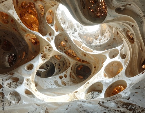 A swirling, organic pattern of white, gold, and brown hues forms a mesmerizing abstract design