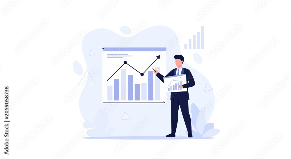 Naklejka premium Businessman presenting upward trending financial graphs and charts, vector illustration for business growth and analysis.