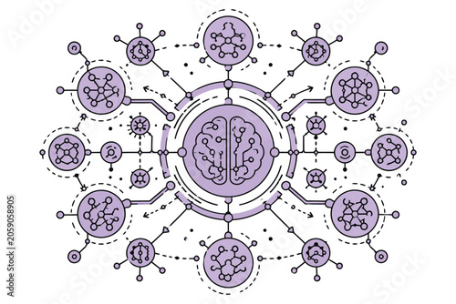 Neural network brain with molecular connections illustration