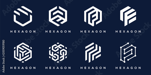 Set of collection initial letter F hexagon cube box for business, real estate, construction and technology logo design template