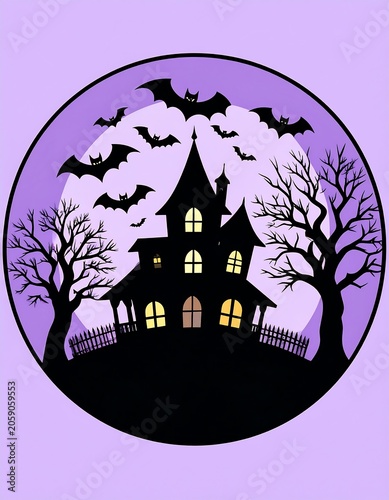 A spooky haunted house silhouette at night with bats, trees, and a fence