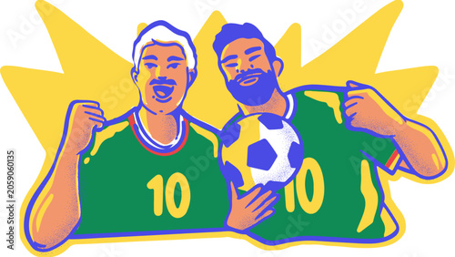 Schilderij op canvas Two football, fifa world cup players celebrating with ball green jerseys yellow