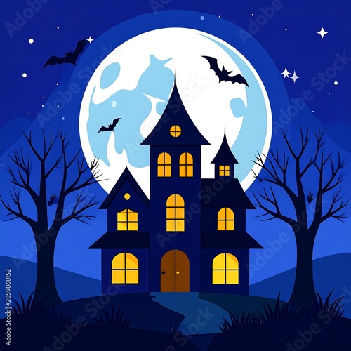 A spooky haunted house under a full moon with bats flying