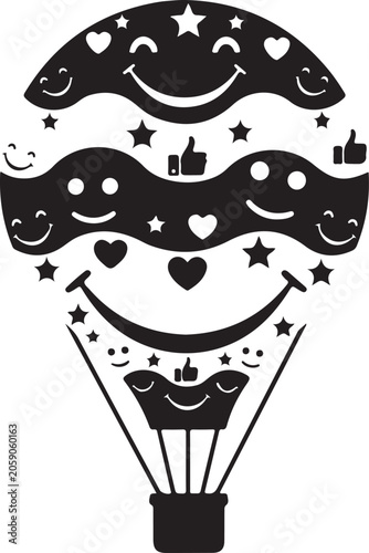 Joyful Sky Voyage Composition with Cheerful Balloon Faces and Uplifting Symbol Elements