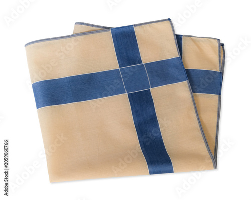 A neatly folded classic mens handkerchief in a beige and blue cross-pattern design, isolated on a white background.