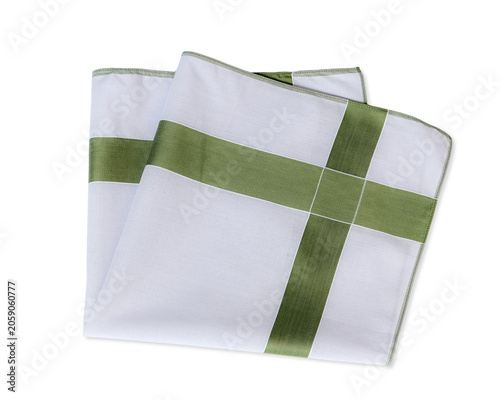 A neatly folded classic mens handkerchief in a gray and green cross-pattern design, isolated on a white background.