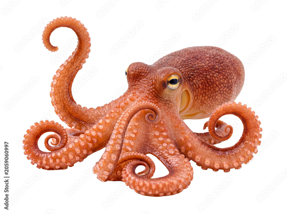 Fototapeta premium A common octopus posing with a raised tentacle, showcasing its curious gaze and textured body on a transparent.