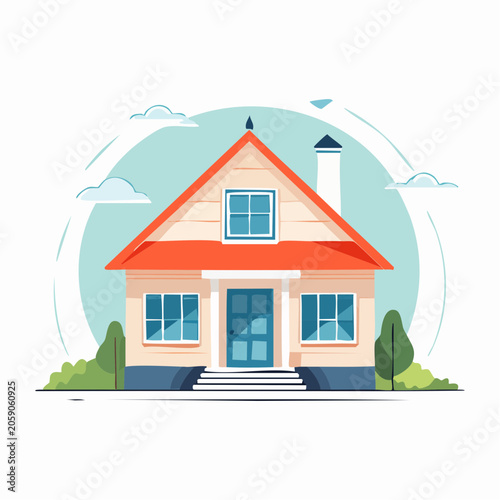 Illustration of a charming house with red roof and blue door