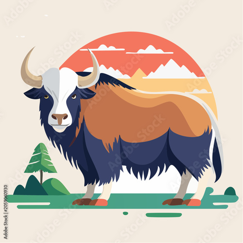 Illustration of a Yak in a Mountain Landscape