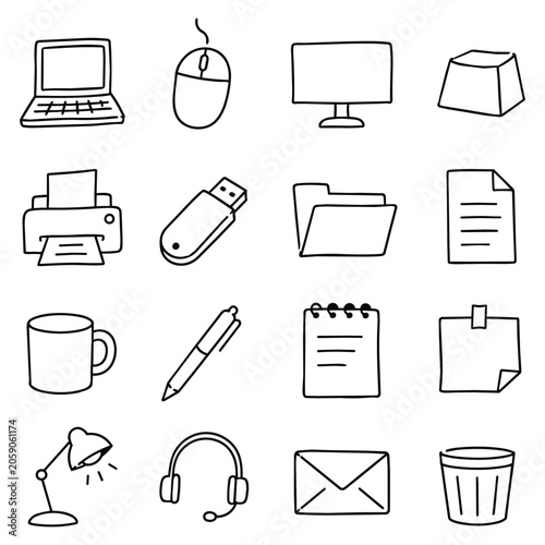 Hand Drawn Office Workplace Icons. Sketchy workspace symbols embody productivity and organization, representing a creative professional environment through whimsical black outlines.