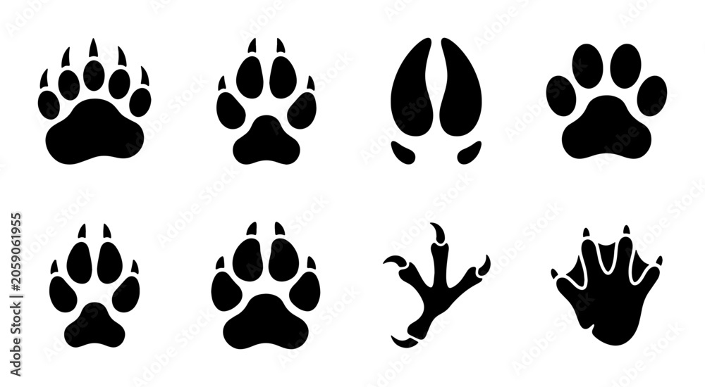 Fototapeta premium Animal Paw Prints Vector Icons Set, Mammal and Bird Tracks, Wildlife Footprints Collection